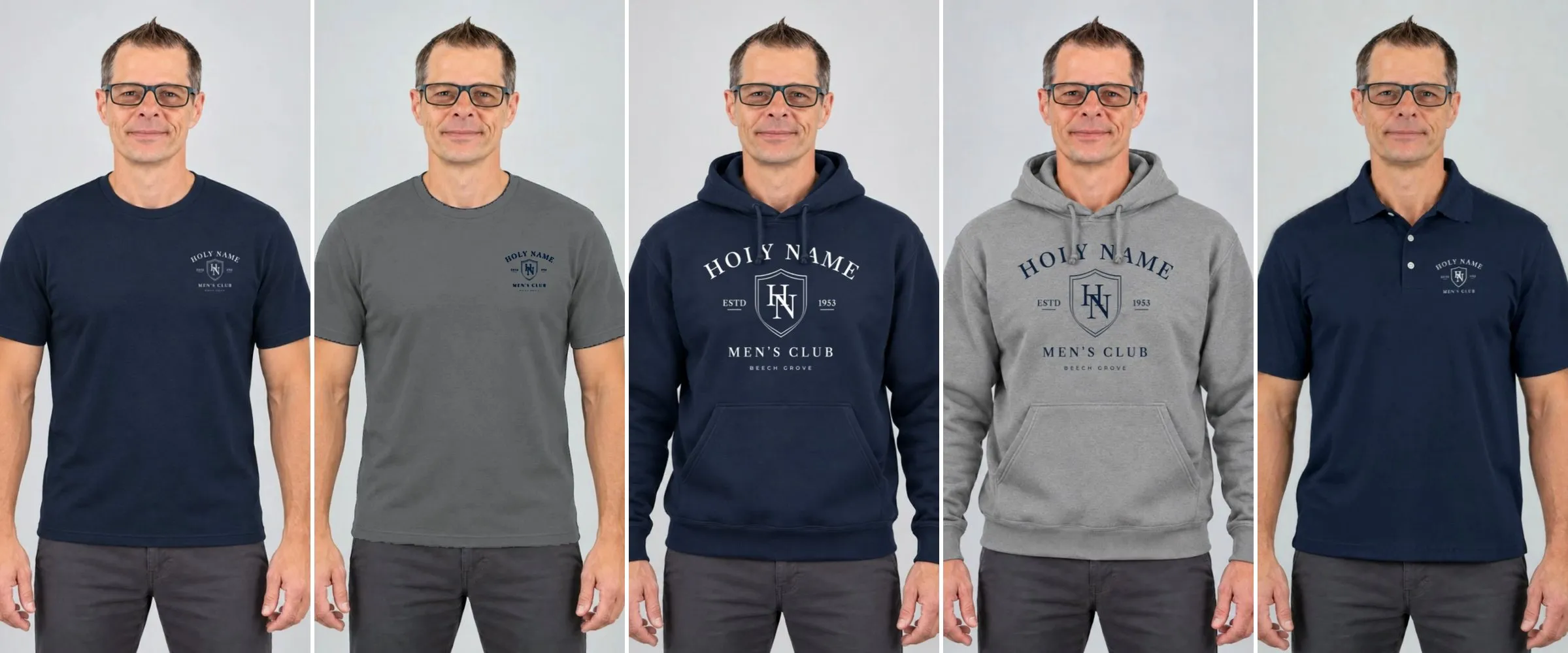The full collection: Tri-Blend Tee in Deep Navy and Graphite Heather, Pullover Hoodie in J. Navy and Oxford Gray, and the True Navy Performance Polo